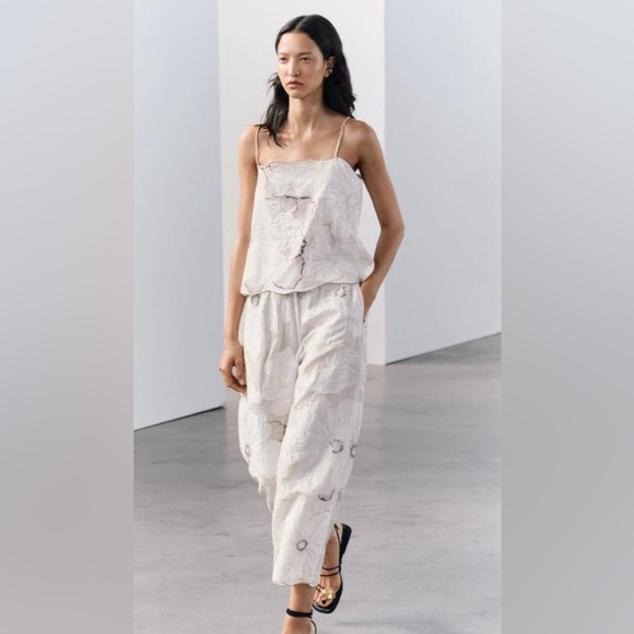 NWT Zara Embroidered Strappy Top Size L & Straight Leg Pants Size M - Picture 3 of 14